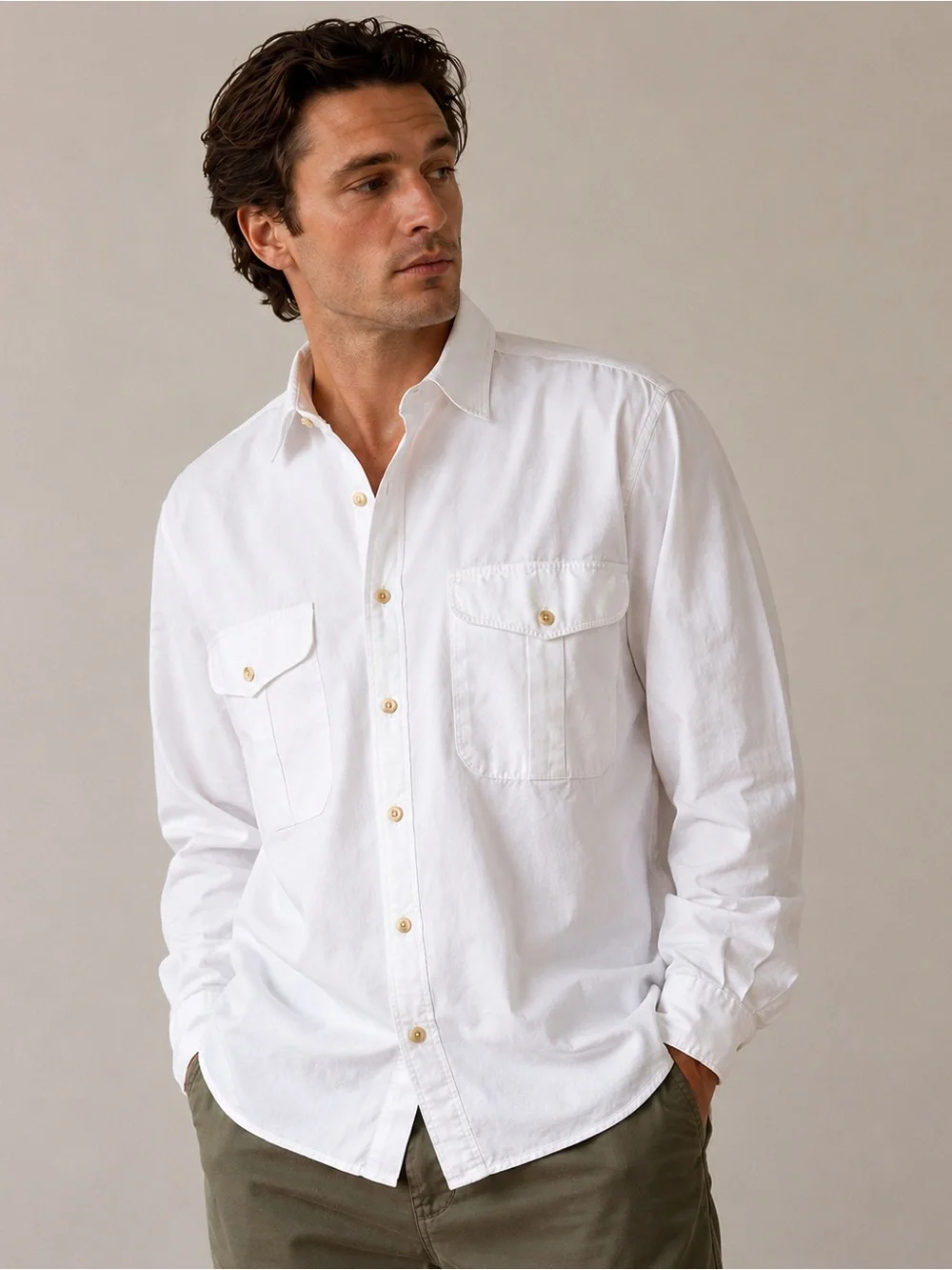 Vintage Banana Republic Safari Shirt White 100% Cotton Large Made in Hong Kong
